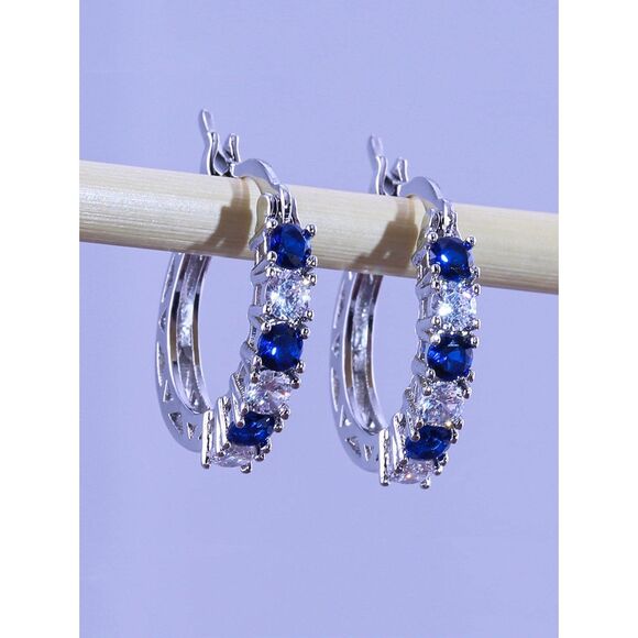 Sapphire Blue Cubic Zirconia Silver Hoop Earrings Classic Elegant Gemstone New - Picture 1 of 7